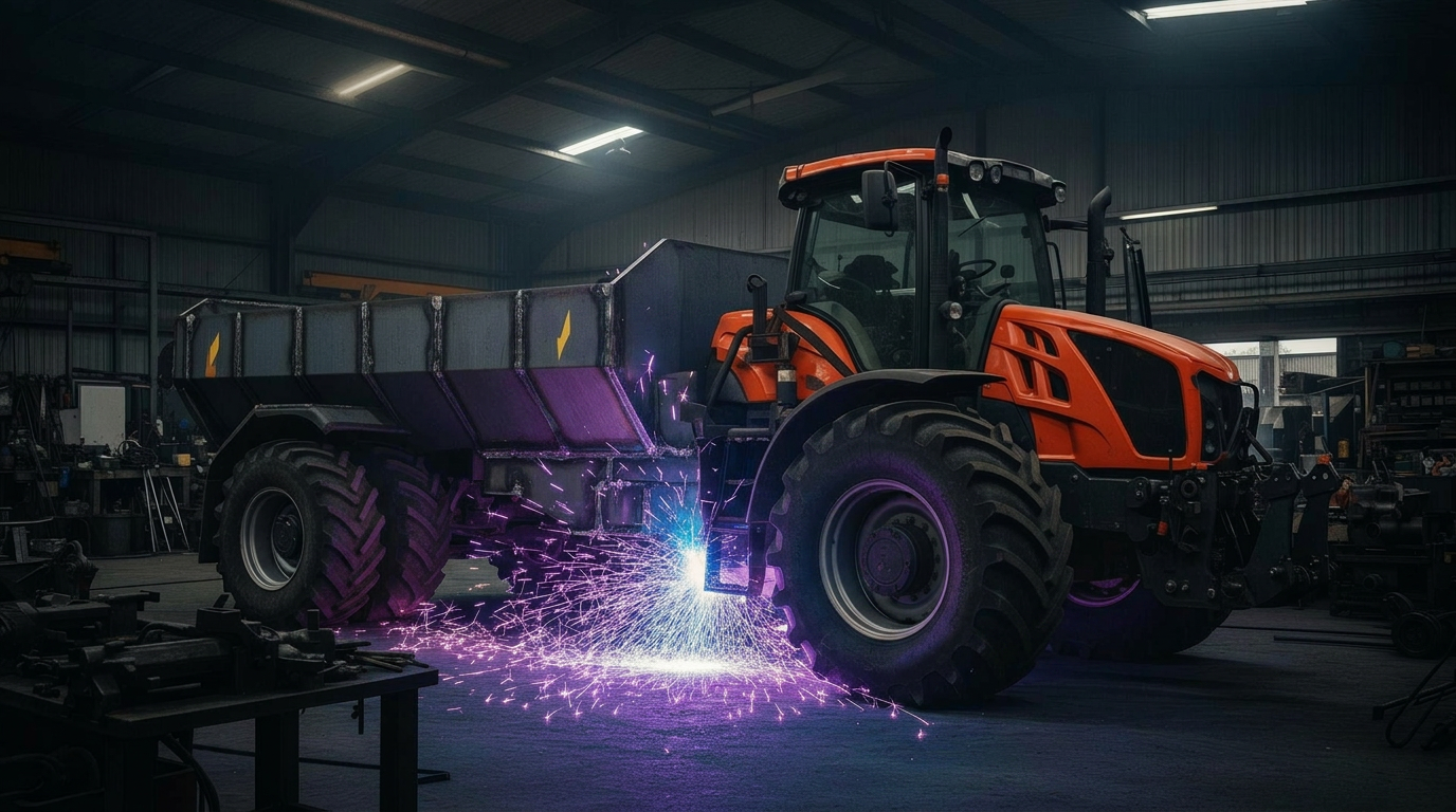 Heavy-duty agricultural trailer being fabricated in workshop